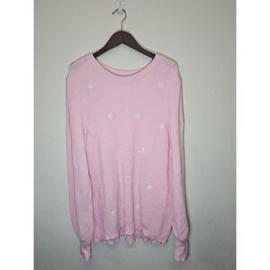 Crown & Ivy Pink/Heart Embroidery‎ Crewneck Pullover Size XXL Ribbed Hem